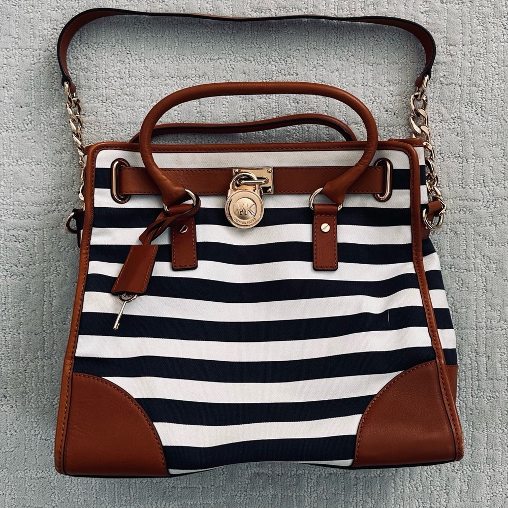 Michael Kors Hamilton Navy Blue and White Striped Tote